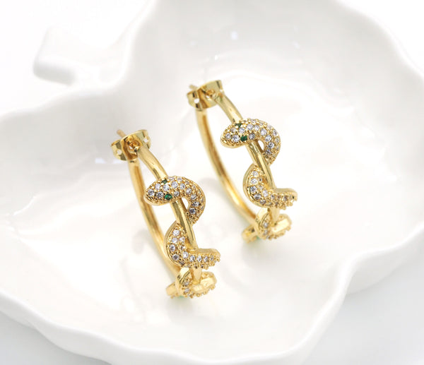 Gold CZ Wrapped Snake Hoop Stud Earrings, Sku#LD366