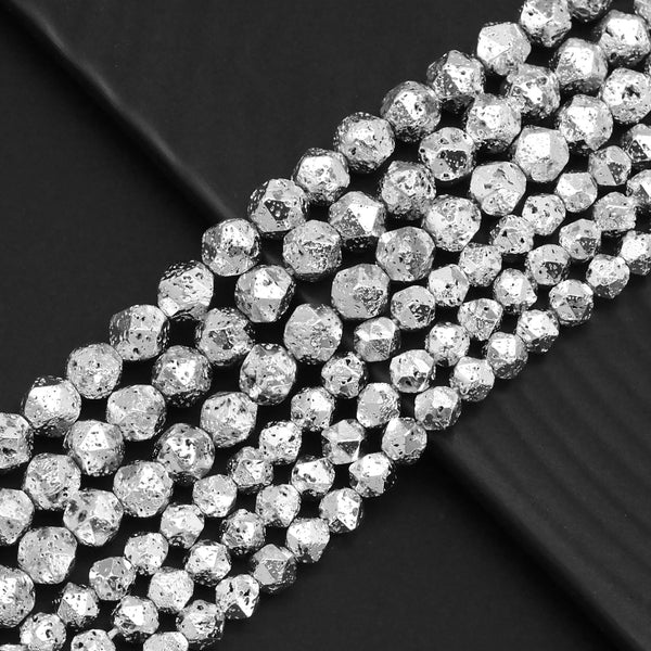Diamond Cut Bright Silver Lava Beads, Sku#S156