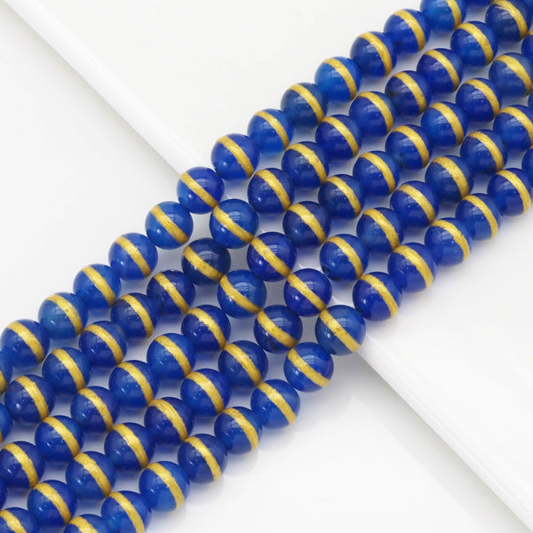 Blue Agate with Golden Line Beads, Sku#U1746
