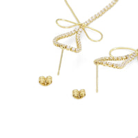 Gold Silver CZ Link Bowknot Long Dangle Stud Earrings, Sku#LX375