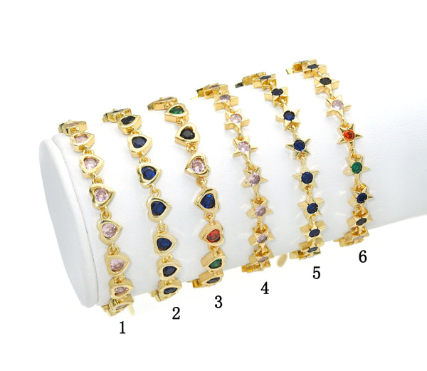 Colorful CZ Gold Star Heart Adjustable Bracelet, Sku#LD372