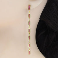 Baguette CZ Long Dangle Stud Earrings, Sku#Y858