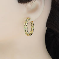 Gold Silver CZ Rectangle Bamboo Link Hoop Earrings, Sku#A129