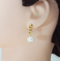 Cuban Link Chain Pearl Stud Earrings, Sku#J383
