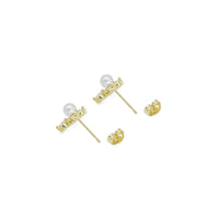 Pearl Gold Clear CZ Bar Stud Earrings, Sku#LD477