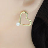 Gold White Pearl Heart Stud Earrings, Sku#LD478