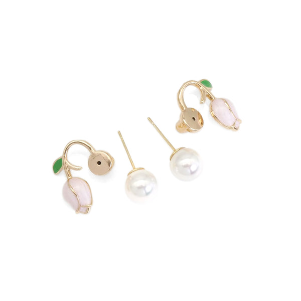 Gold White Pearl PinkTulip Earrings, Sku#ZX139