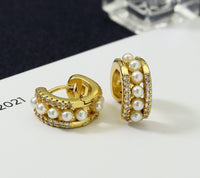 CZ Gold Pearl Huggie Earrings, Sku#Y732