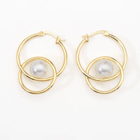 Gold Pearl Double Ring Hoop Earrings, Sku#Y787