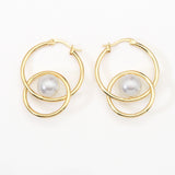 Gold Pearl Double Ring Hoop Earrings, Sku#Y787