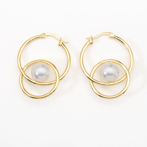 Gold Pearl Double Ring Hoop Earrings, Sku#Y787