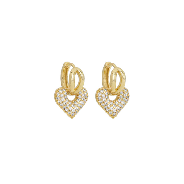 Gold CZ Dangle Heart Huggie Earrings, Sku#Y817
