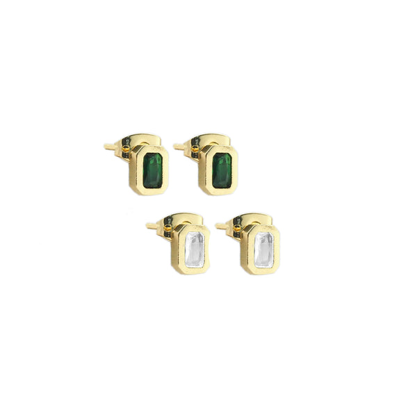 Gold  Clear/ Green Rectangle CZ Stud Earrings, Sku#Y843