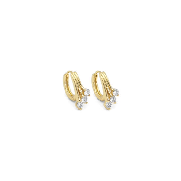 Gold Three Dots CZ Drop Line Huggie Earrings, Sku#Y849