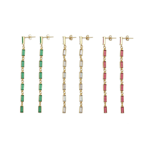 Baguette CZ Long Dangle Stud Earrings, Sku#Y858