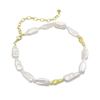Freshwater Long Nugget Biwa Pearl with Gold Spacer Necklace, Y866
