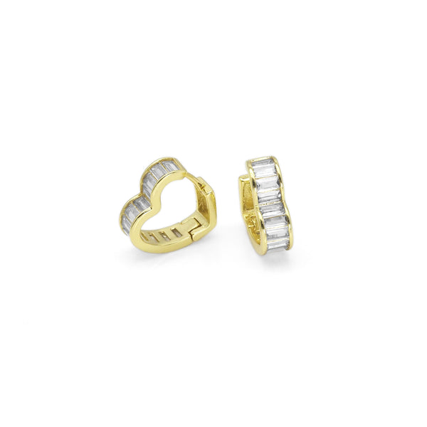 Gold Clear Baguette CZ Heart Hoop Earrings, Sku#Y896