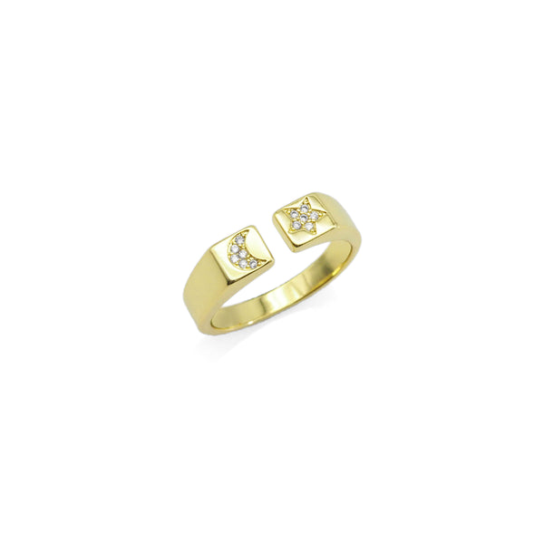 CZ Gold Cresent Moon Star Adjustable Ring, Sku#Y900