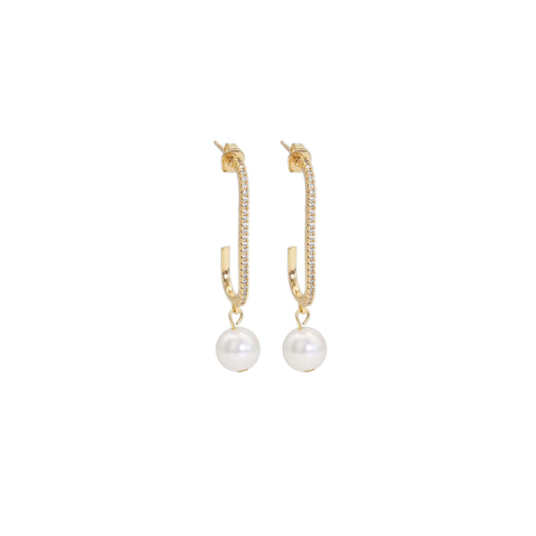 CZ Gold Long paperclip White Pearl Earrings, Sku#ZX145