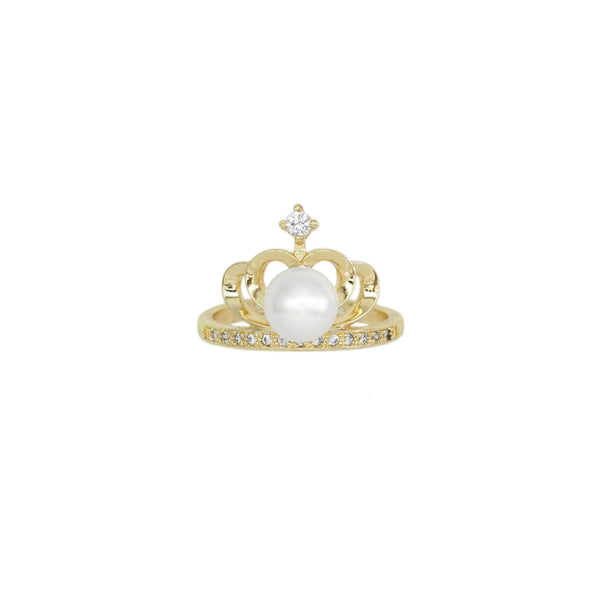 CZ Gold White Pearl Crown Adjustable Ring, Sku#ZX152