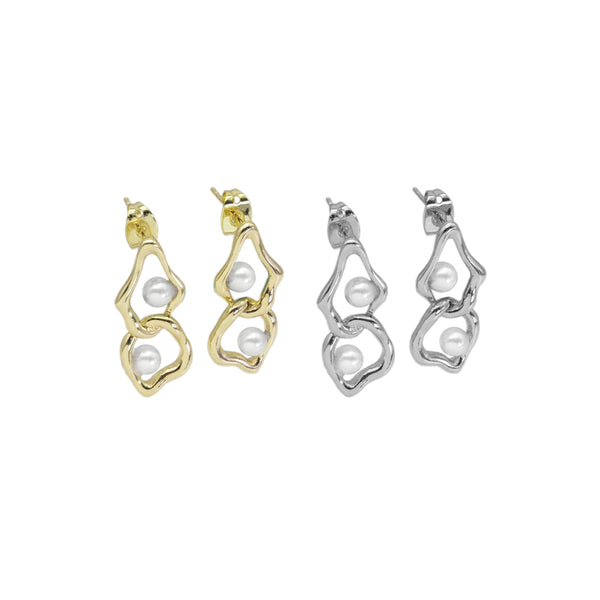 Gold Silver White Pearl Geometry Oval Link Earrings, Sku#ZX159