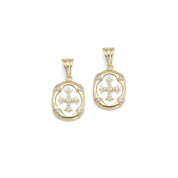 Gold CZ Cross Mother of Pearl Oval Charm, Sku#ZX164