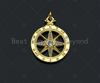 CZ Micro Pave Compass Star On Round Coin Pendant/Charm, Compass Star Cubic Zirconia Charm,Necklace Bracelet Charm Pendant,18x27mm,sku#L434