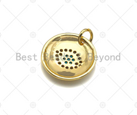 CZ Micro Pave Colorful Evil Eye On Round Coin Charms, 18k Dainty Gold Charms Pendant, Evil Eye Necklace Charms, 15x15mm, Sku#F1304