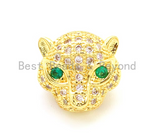 CZ Micro Pave Jaguar Panther Head with Green Eye Beads, Cubic Zirconia Spacer Beads, Leopard Animal Head Space Beads,12mm, 1/2pcs sku#G105