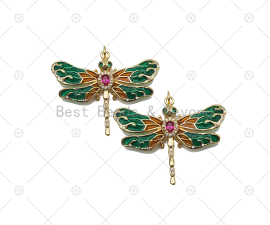 Colorful Enamel Dragonfly Shape Pendant,18K Gold Filled Fuchsia CZ Micro Pave Dragonfly Charm, Necklace Bracelet Charm Pendant, Sku#LK573