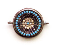 CZ Micro Pave Turquoise Coin Evil Eye Connector for Necklace/Bracelet, Cubic Zirconia Space Charm Connector, 14x18mm,sku#E12