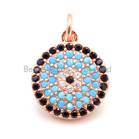 CZ Micro Pave 13mm Turquoise Evil Eye Round Coin Charm, Cubic Zirconia Pendant, CZ Dangle Charms, Silver/Rose Gold/Gold/Black Tone, sku#F34