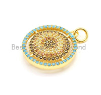 CZ Micro Pave 18x23mm Round Charm/Pendent, Turquoise Blue Cubic Zirconia Pave Pendant in Rose Gold/Silver/Gold/Black Finish, sku#F33
