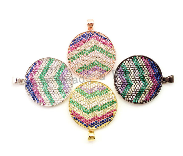 CZ Micro Pave Mixed Color Zigzag Round Disc Pendant, Cubic Zirconia Necklace Pendant, 25x31mm, sku#F3