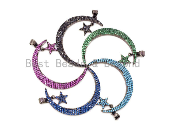CZ Micro Pave Colored Crescent Moon and Star Pendant, Cubic Zirconia Pendant, 44x5mm, sku#F53