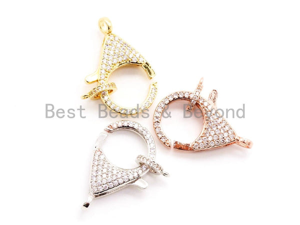 CZ Micro Pave Teardrop Lobster Claw Clasp, Cubic Zirconia Pave Lobster Clasp, Gold Silver Black Rose Gold Plated, 32x16mm, sku#H43