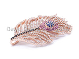 CZ Micro Pave Peacock Feather Pendant/Charm with Fuchsia Eye, Cubic Zirconia Pendant,28x46mm,1pc, sku#F98