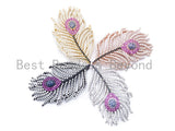 CZ Micro Pave Peacock Feather Pendant/Charm with Fuchsia Eye, Cubic Zirconia Pendant,28x46mm,1pc, sku#F98