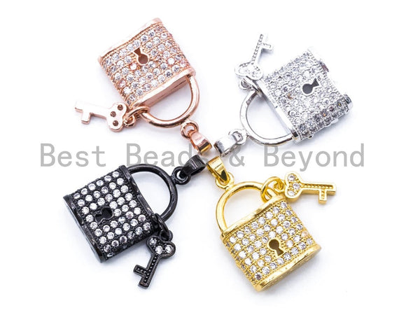 CZ Micro Pave Lock with Key Pendant, Cubic Zirconia Necklace Bracelet Pendant/Charm, 26x14mm,1pc/2pcs sku#F155