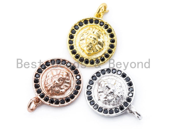 Black CZ Micro Pave Lion Head Round Pendant/Charm, Cubic Zirconia Men's Bracelet Charm Pendant,15mm, sku#F169