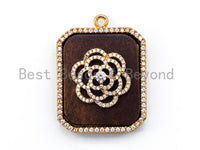 CZ Micro Pave Flowers on Wood Emerald Cut Square Pendant, 29x39mm,sku#B51 BestbeadsbeyondUS