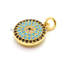 CZ Micro Pave 13mm Turquoise Evil Eye Round Coin Charm, Cubic Zirconia Pendant, CZ Dangle Charms, Silver/Rose Gold/Gold/Black Tone, sku#F34