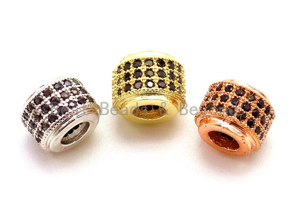 CZ Big Hole Drum Barrel Black Micro Pave Beads, Gold/Rose Gold/Silver/Black Cubic Zirconia Spacer Beads, Men's Jewelry, 9x7mm, sku#G125