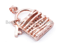 CZ Micro Pave Lock with Key Pendant, Cubic Zirconia Necklace Bracelet Pendant/Charm, 26x14mm,1pc/2pcs sku#F155