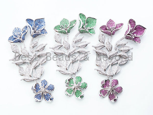 Large CZ Micro Pave Cobalt/Green/Fuchsia Flower Pendant, Multi-Strands Necklace Pendant, Fancy Jewelry Pendant, 88x42mm, sku#L170