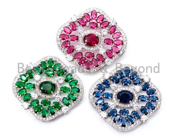 CZ Micro Pave Square Necklace Pendant Tassel Cap with Green/Fuchsia/Cobalt Gemstone, Pave Connector/Pendant Link, 45x42mm, SKU#L249