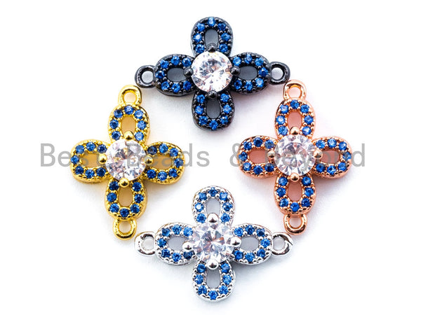 CZ Micro Pave Clover Flower Connector, Blue CZ Pave on Gold/Silver/Black/Rose Gold Finish, Pave Link Connector,13x17mm,sku#M115