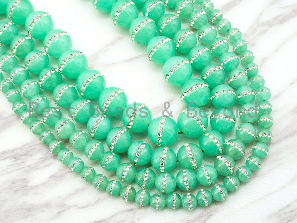 12mm Chrysoprase Jade inlaid with rhinestone,Green Color Beads, Smooth Jade Round Beads, SKU#X1