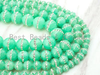 12mm Chrysoprase Jade inlaid with rhinestone,Green Color Beads, Smooth Jade Round Beads, SKU#X1