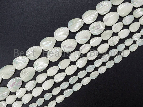 High Quality White Mother of Pearl Strand, 6x9mm/8x12mm/12x16mm, Mop Shell, Double Face Curved Leaf Egg Beads, Full Strand SKU#T19